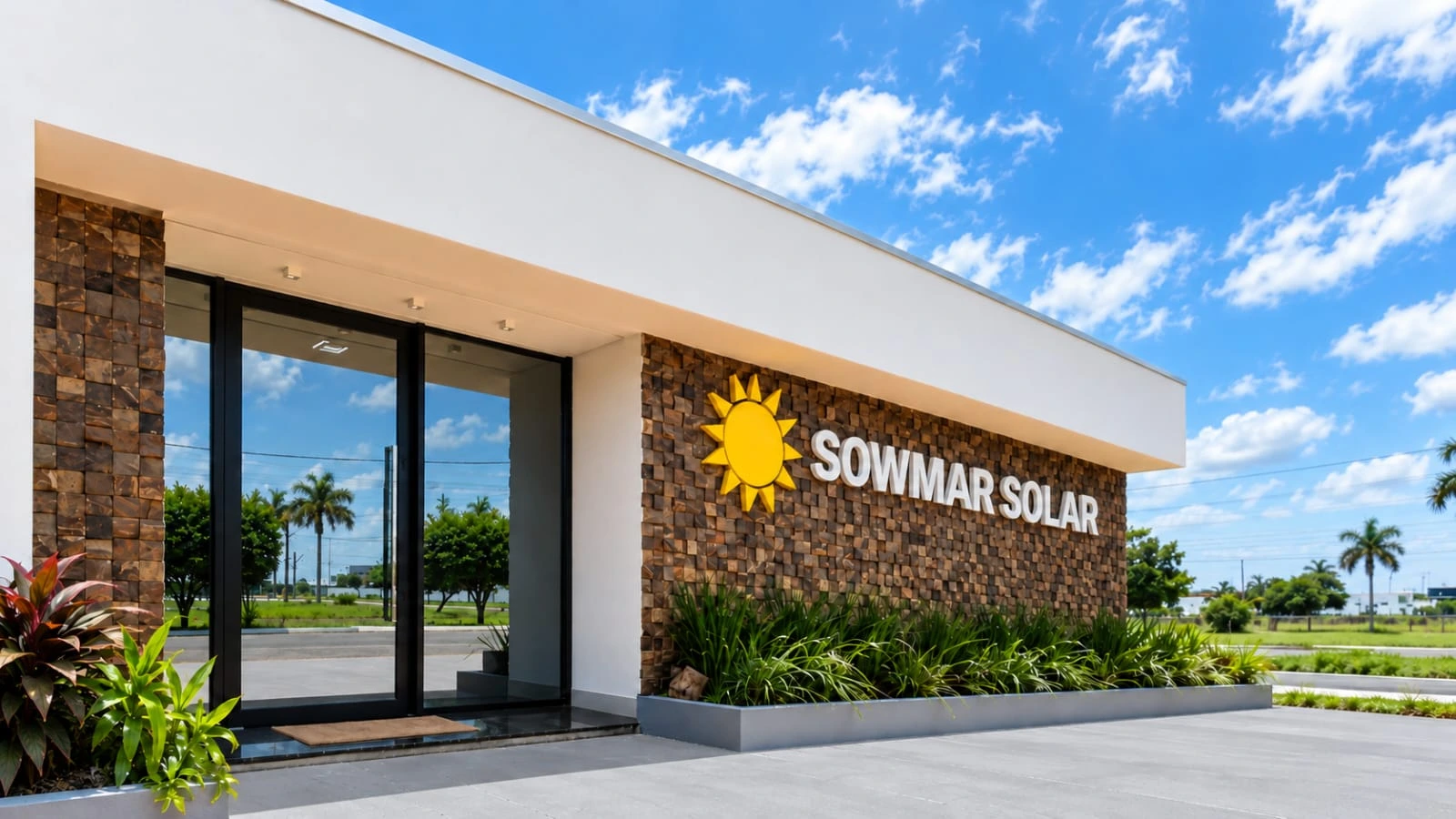 Fachada da Sowmar Solar ao sol, com a logomarca na entrada