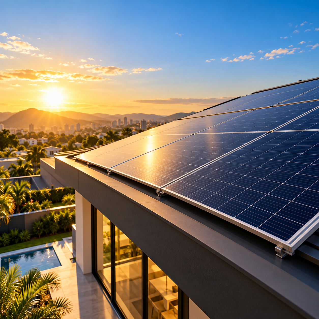 Painéis fotovoltaicos em um telhado ao pôr do sol